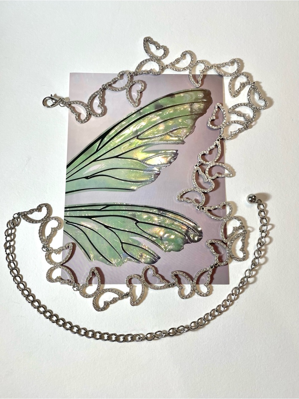 Y2k Silver Butterfly Chain Belt with Rhinestones